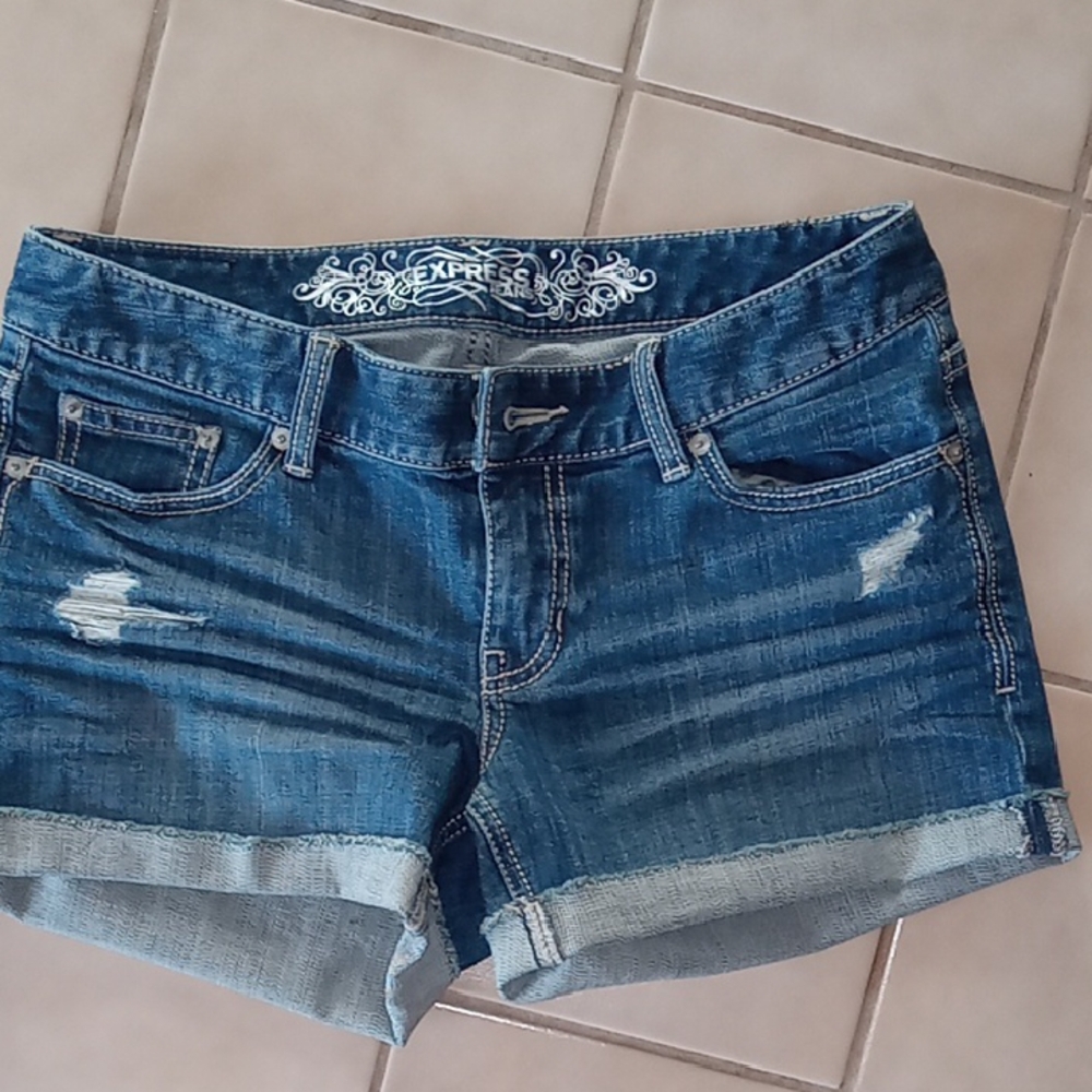 Express Blue Jean Shorts with Distressed Details